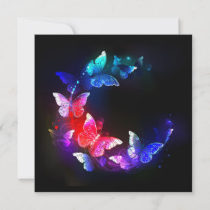 Glowing Neon Night Butterflies on Black background Save The Date