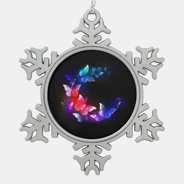 Glowing Neon Night Butterflies on Black background Snowflake Pewter Christmas Ornament (Front)