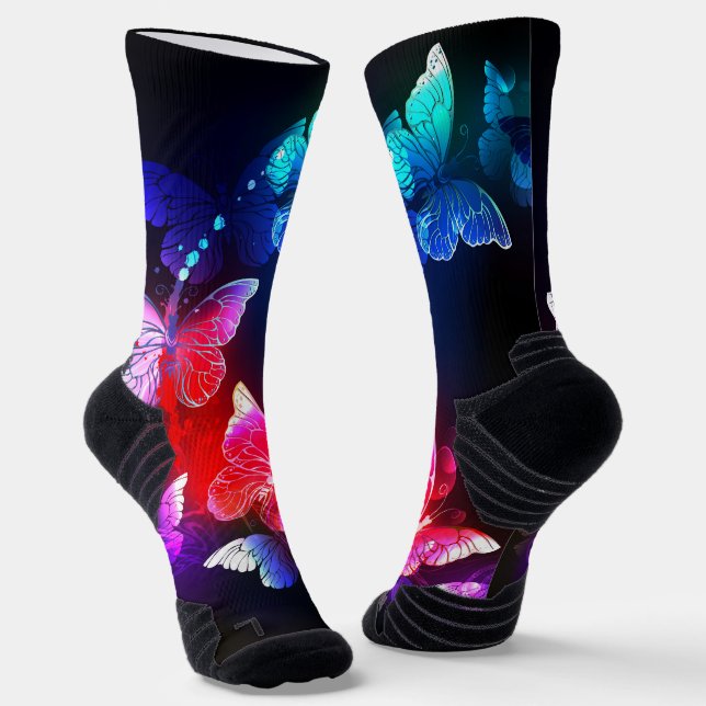 Glowing Neon Night Butterflies on Black background Socks (Angled)