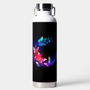 Glowing Neon Night Butterflies on Black background Water Bottle