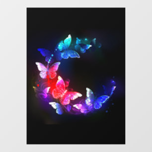 Glowing Neon Night Butterflies on Black background Window Cling
