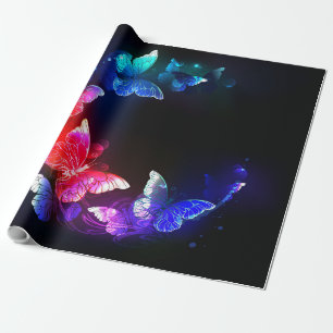 Glowing Neon Night Butterflies on Black background Wrapping Paper