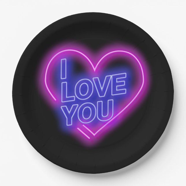 Glowing Neon Pink Blue Valentines Heart Large 9" Paper Plate (Front)