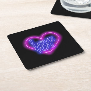 Glowing Neon Pink Blue Valentines Heart Square Paper Coaster