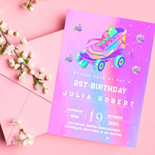 Glowing Neon Roller Skating snow Birthday pink  Invitation