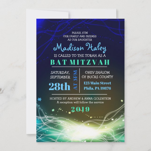 Glowing Neon Stars Bar Mitzvah Invitation blue (Front)