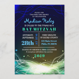 Glowing Neon Stars Bar Mitzvah Invitation blue