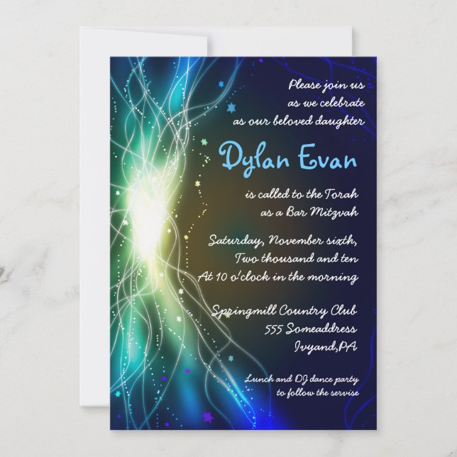 Glowing Neon Stars Bar Mitzvah Invitation blue (Front)
