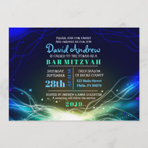 GLOWING NEON STARS Bar Mitzvah Invitation blue