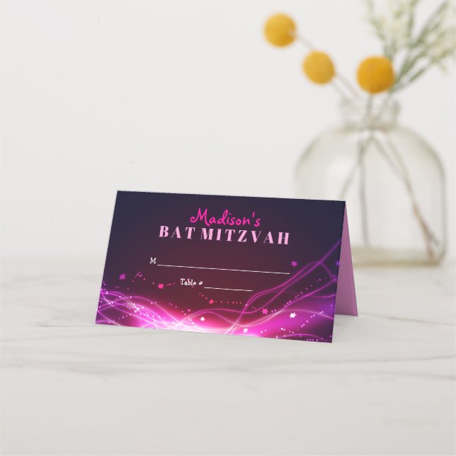 GLOWING NEON STARS Bat Mitzvah Seating Escort Place Card (Front)