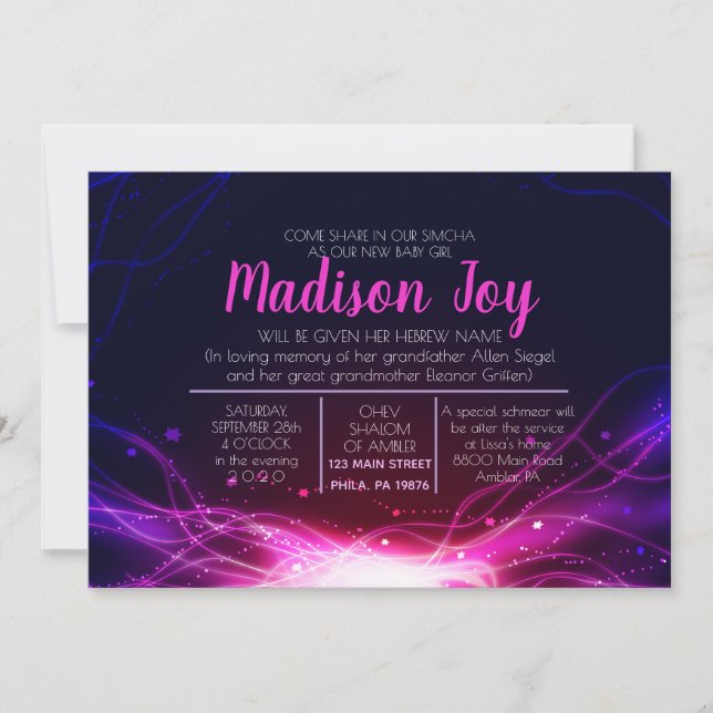 GLOWING NEON STARS Jewish Baby Naming Invitation (Front)