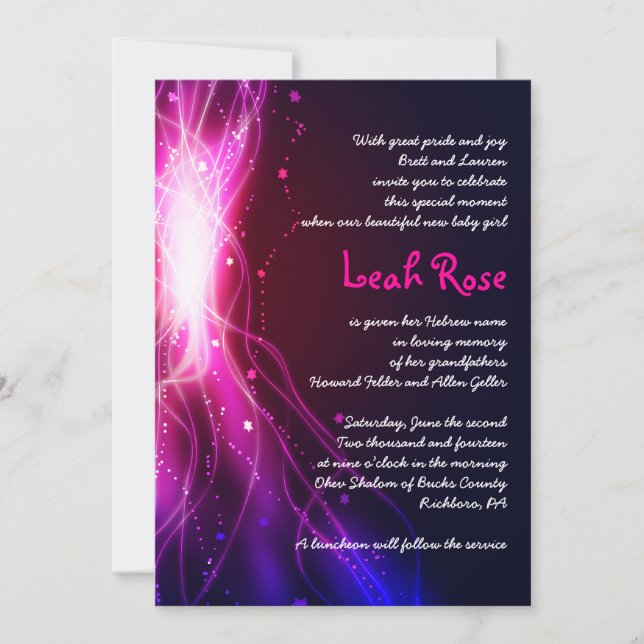 Glowing Neon Stars Jewish Baby Naming Invitation (Front)