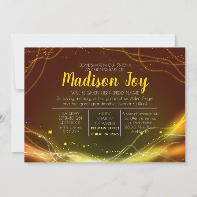 GLOWING NEON STARS Jewish Baby Naming Invitation (Front)