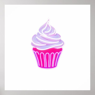 Glowing Neon Style Cupcake Illustration Poster