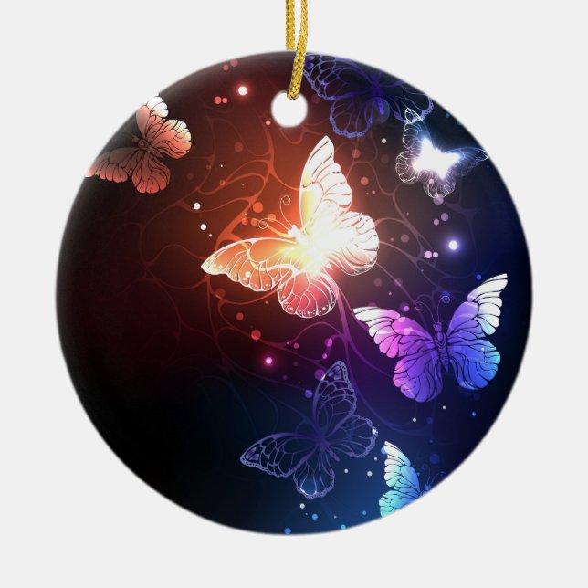 Glowing Night Butterflies Ceramic Ornament (Front)