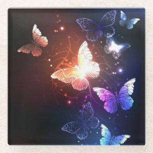 Glowing Night Butterflies Glass Coaster