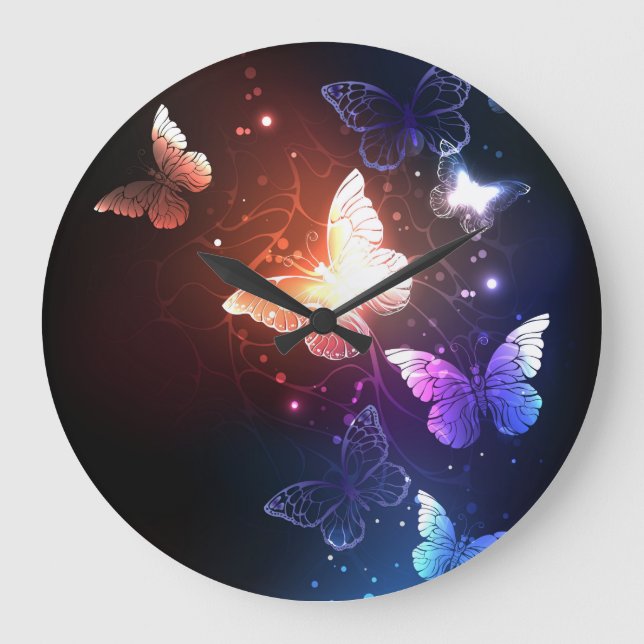 Glowing Night Butterflies Large Clock (Front)