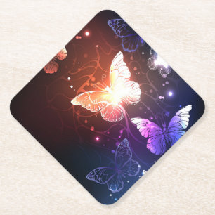 Glowing Night Butterflies Paper Coaster