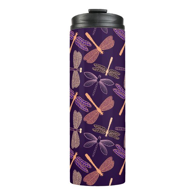Glowing night dragonflies on dark plum background thermal tumbler (Front)