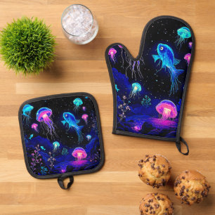 Glowing Ocean Depths Art Oven Mitt & Pot Holder Set