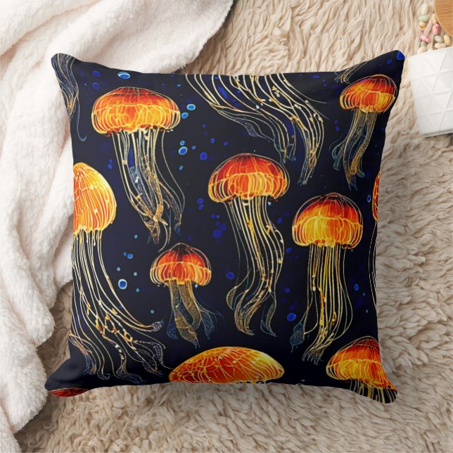 Glowing Ocean Jellyfish Art Throw Pillow (Blanket)
