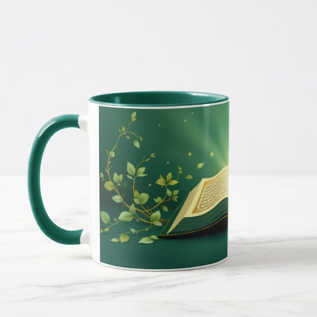 Glowing Open Quran Islamic Mug – Spiritual Green (Left)