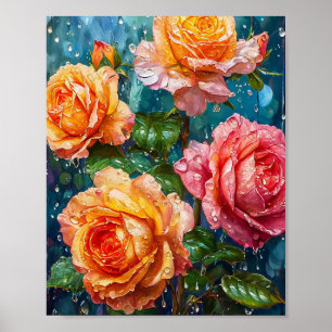 Glowing Orange Roses with Dew Drops 🌹🧡💧✨🌿 Poster