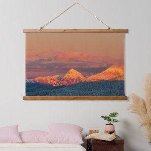 Glowing orange winter mountain range hanging tapestry