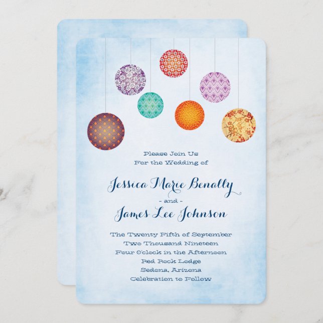 Glowing Paper Lanterns Wedding Cloud Blue Invitation (Front/Back)