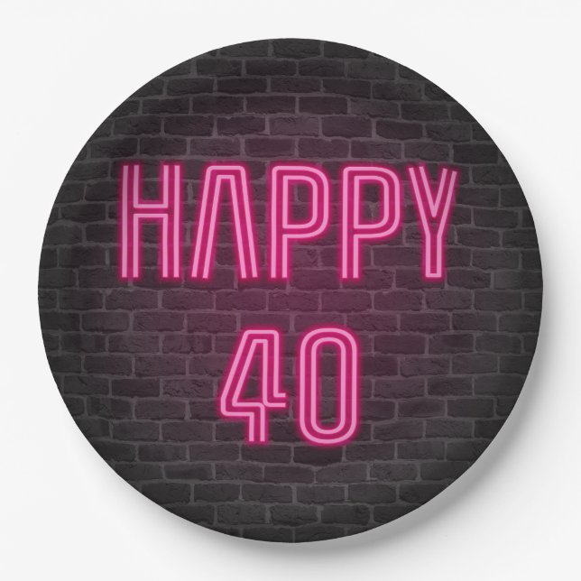 Glowing Pink Neon Sigh for 40th Birthday Paper Plate (Front)