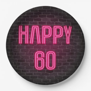 Glowing Pink Neon Sigh for 60th Birthday Paper Plate
