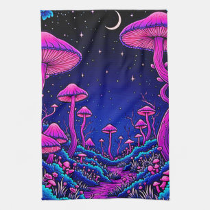 Glowing Psychedelic Mushroom Forest Night Kitchen Towel