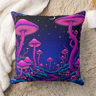 Glowing Psychedelic Mushroom Forest Night Throw Pillow