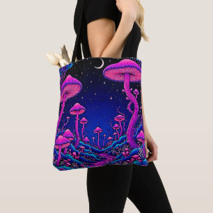 Glowing Psychedelic Mushroom Forest Night Tote Bag