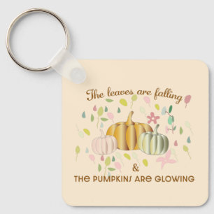 Glowing Pumpkin and Autumn Leaves Floral Doodle Keychain