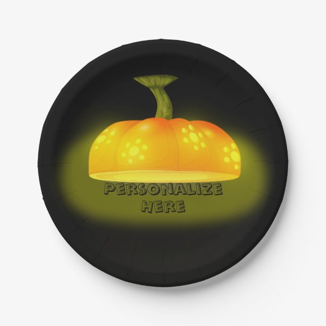 Glowing pumpkin fall unique cute black orange paper plate (Front)