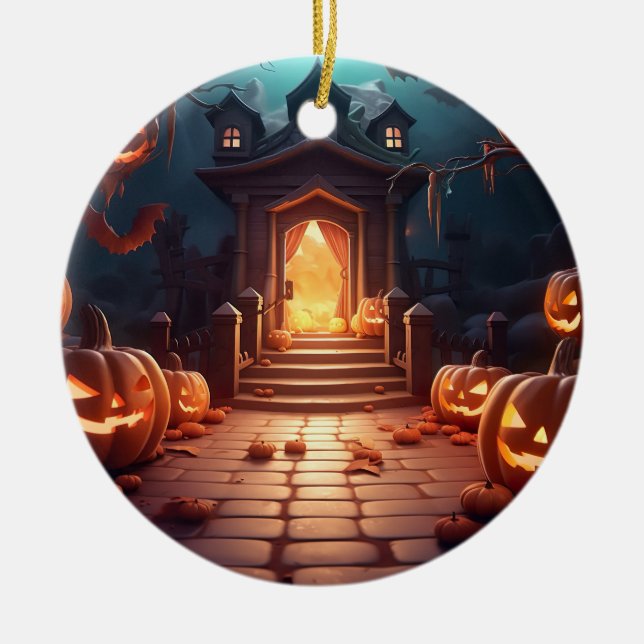 Glowing Pumpkin Halloween Ceramic Ornament (Front)