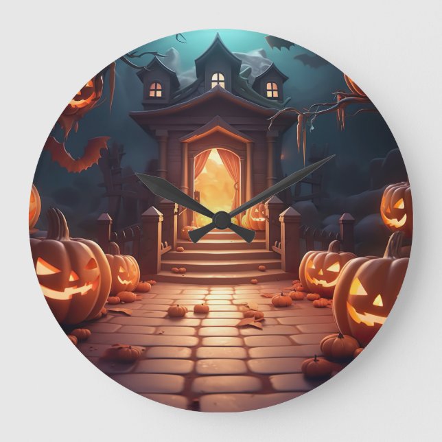 Glowing Pumpkin Halloween Large Clock (Front)