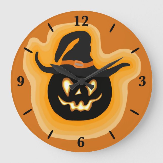 Glowing Pumpkin Witch On Orange Round Clock  (Front)