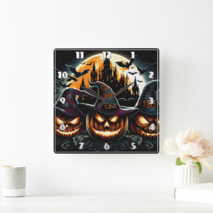 Glowing pumpkins shine under the moon square wall clock