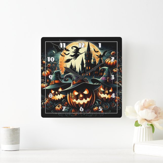 Glowing pumpkins under the full moon square wall clock (Home)