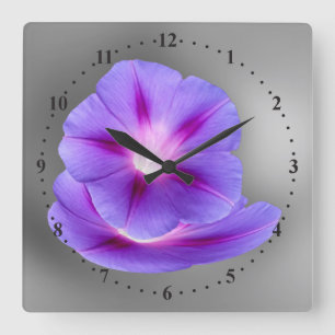 glowing purple flowers square wall clock