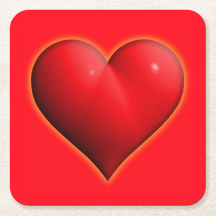 Glowing Red 3-D Heart Square Paper Coaster