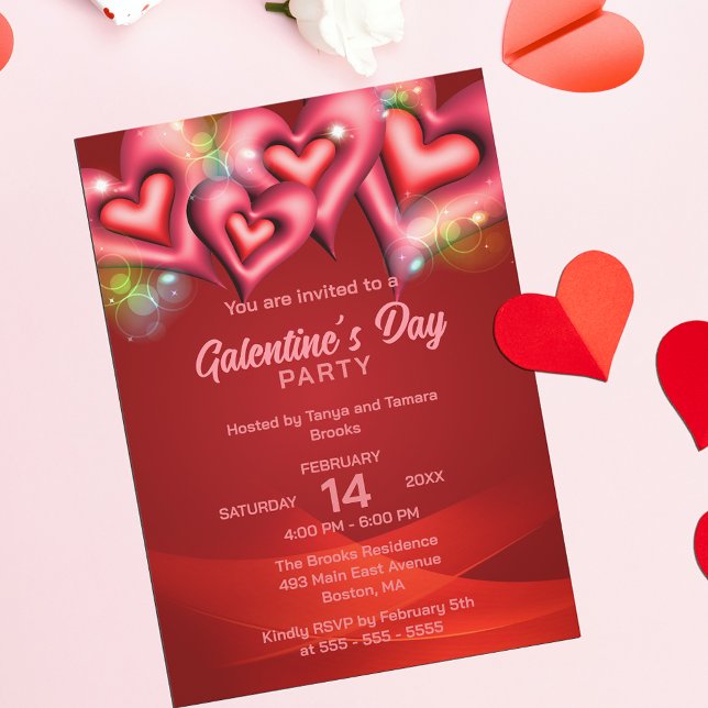 Glowing Red and Pink Hearts Galentine's Day Invitation (Creator Uploaded)