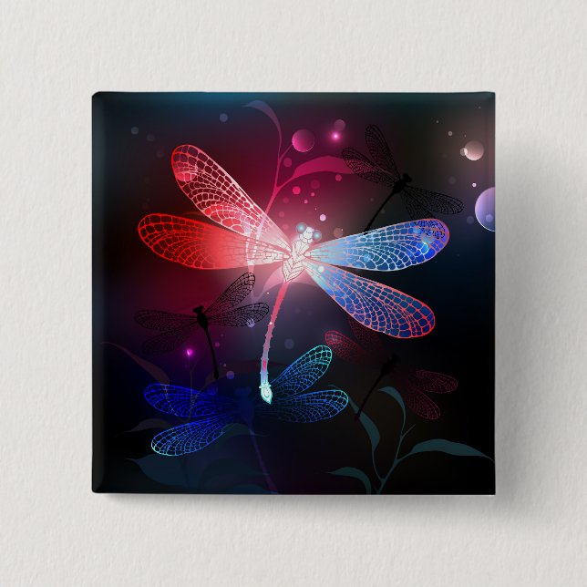 Glowing red dragonfly 2 inch square button (Front)