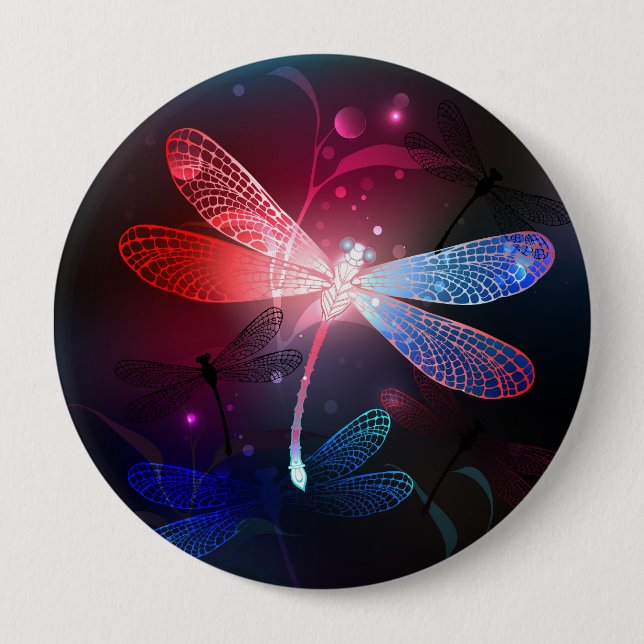 Glowing red dragonfly 4 inch round button (Front)