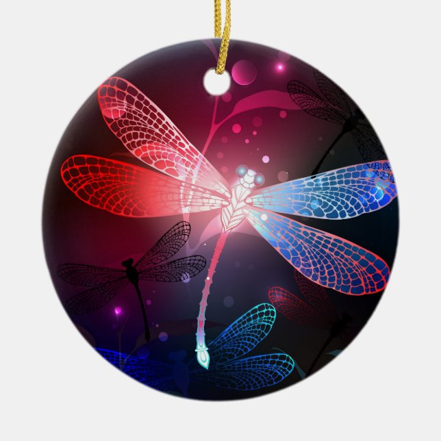 Glowing red dragonfly ceramic ornament (Front)