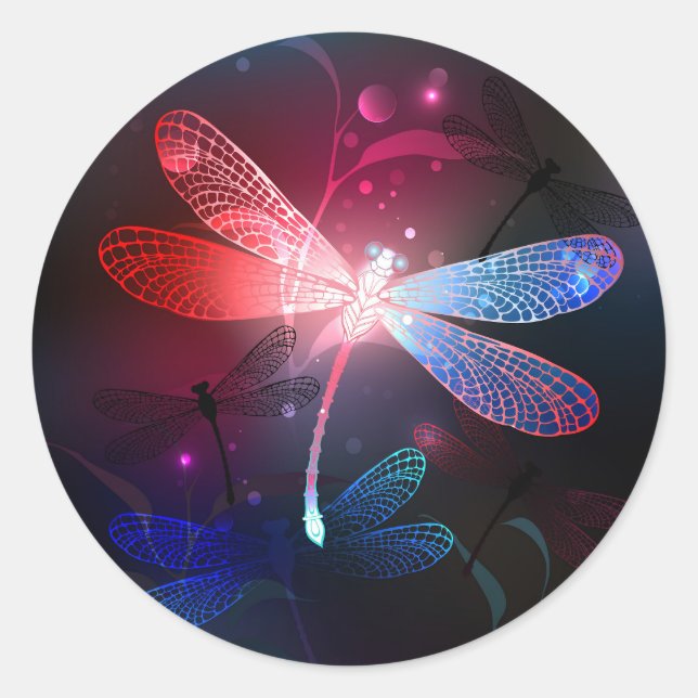 Glowing red dragonfly classic round sticker (Front)