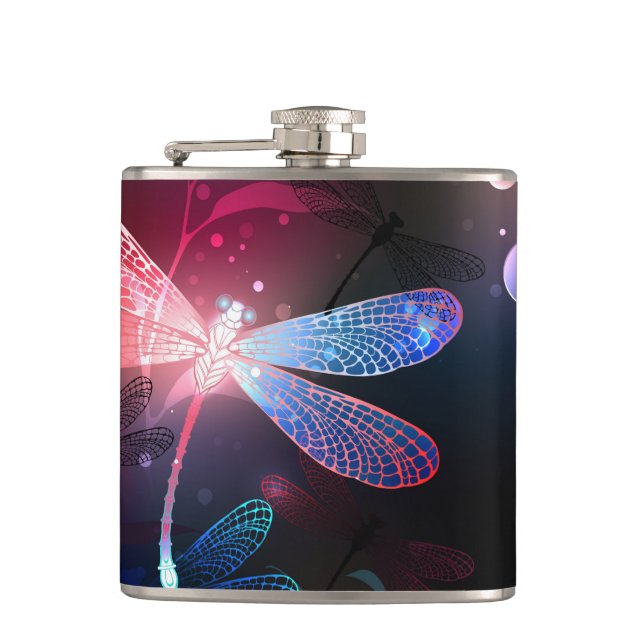 Glowing red dragonfly hip flask (Front)