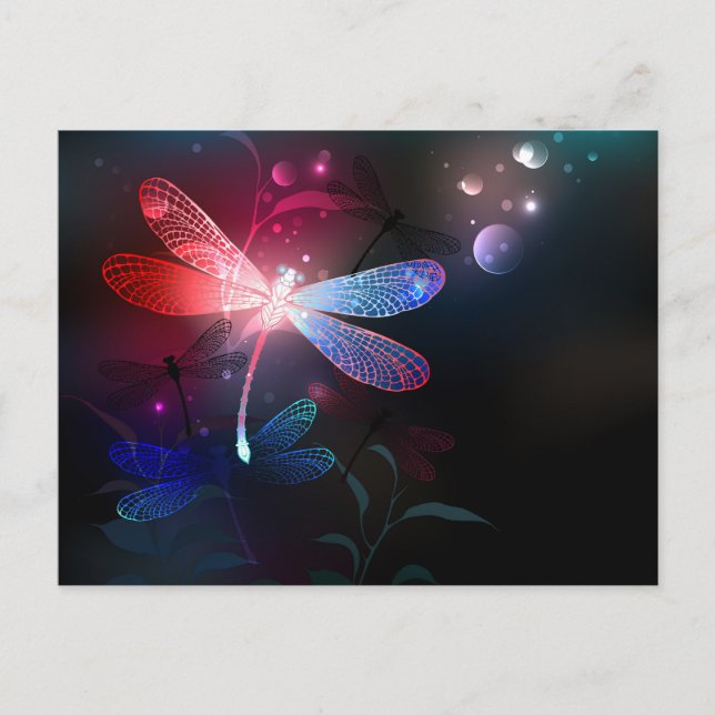 Glowing red dragonfly holiday postcard (Front)